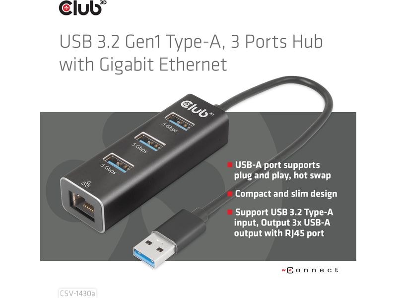 Club 3D USB-Hub CSV-1430a 3 Ports Hub mit Gigabit Ethernet