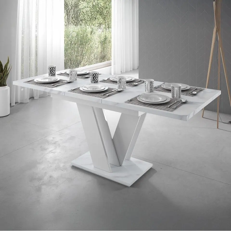 Meubella - Eetkamertafel Moris - Wit marmerlook - 160 cm - Uitschuifbaar