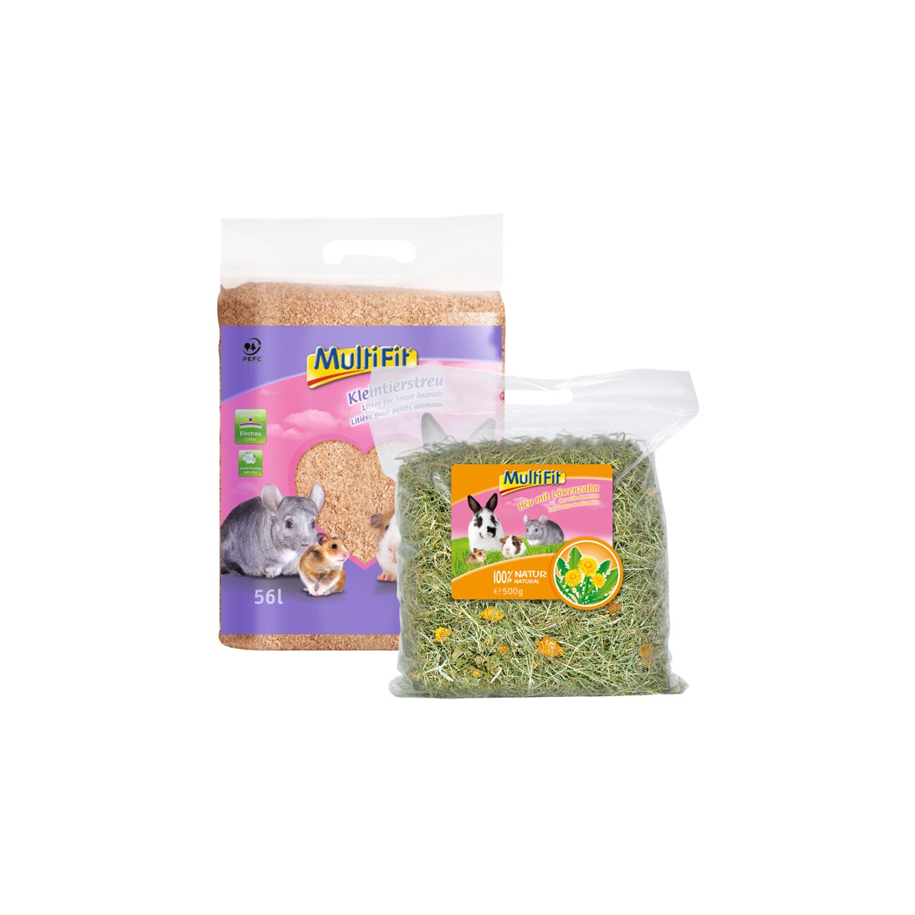 MultiFit Kleintierstreu 2x56L & Heu mit Löwenzahn 2x500g