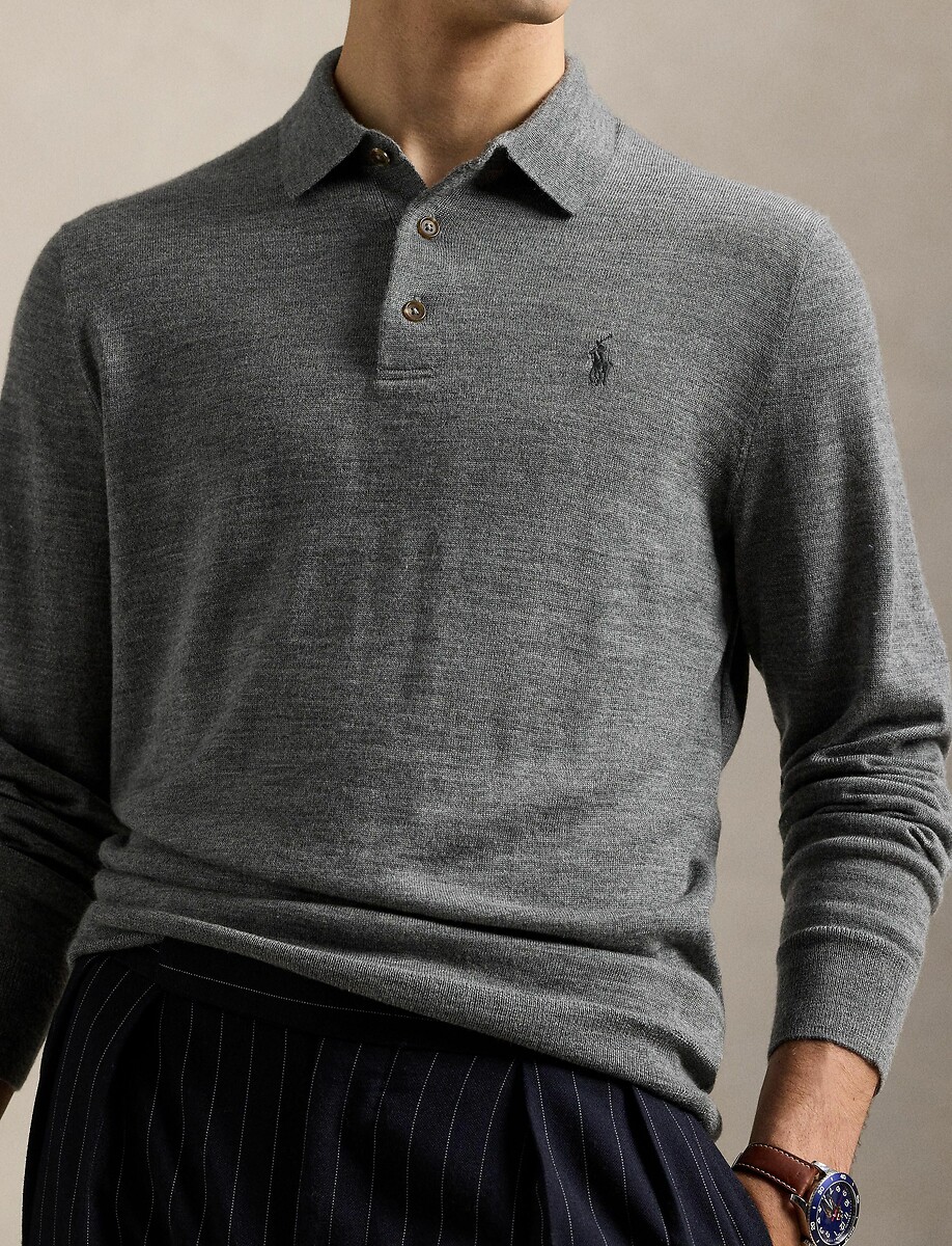 POLO RALPH LAUREN<br>Suéter de lã merino com fechamento por botões