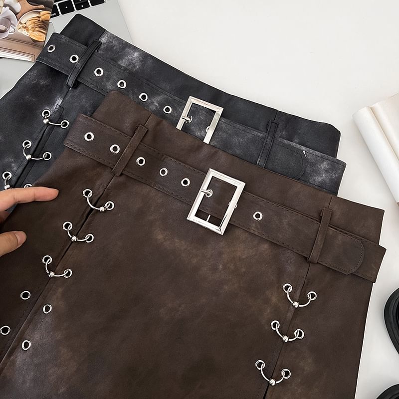 Babique - Set: Hoge taille imitatieleren ringrok met A-lijn + riem