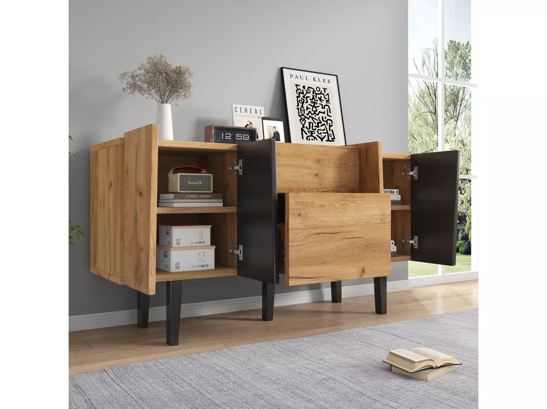 Buffet avec 4 portes et 2 tiroirs, meuble TV - 140 x 40 x 70 cm - Panneaux de particules et pieds en bois massif - Chêne