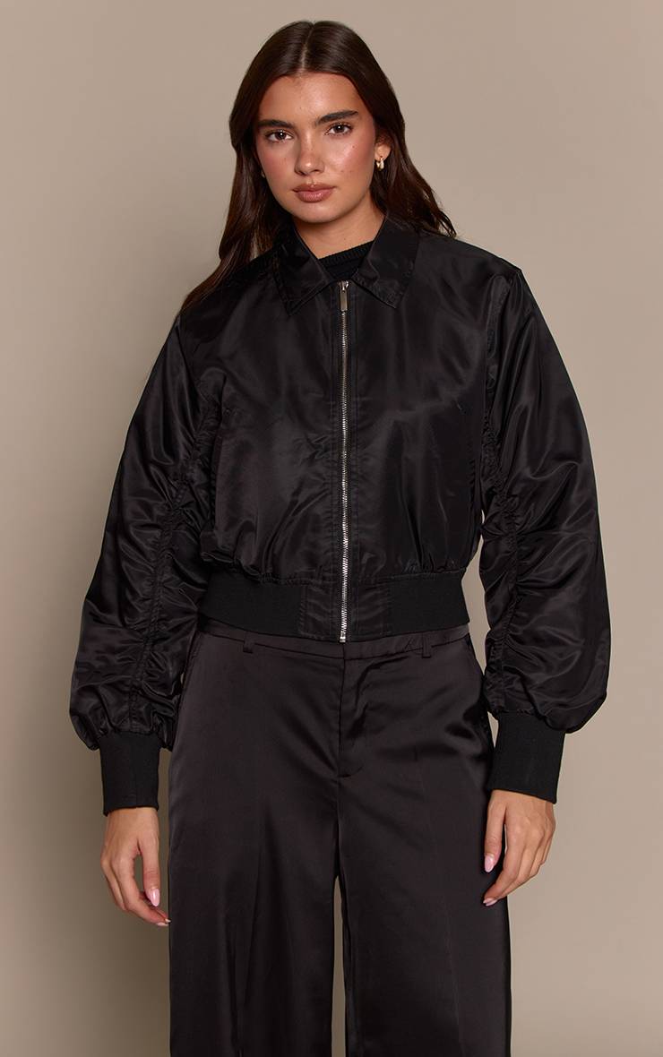 Noir Veste Bomber Courte En Nylon