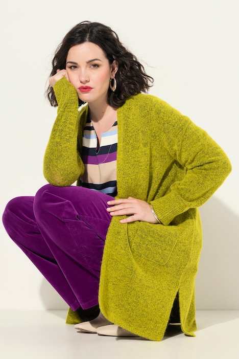 Long-Strickjacke, offene Form, V-Ausschnitt, Taschen