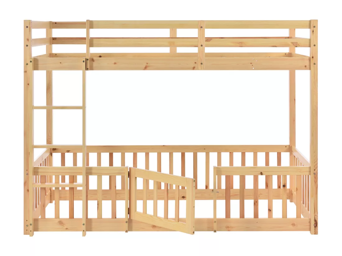 Lit superposé en bois massif - 90x200 cm - avec barrières de sécurité - Naturel