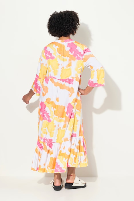 Maxikleid, Batik-Druck, Stehkragen, 3/4-Ärmel, Volants