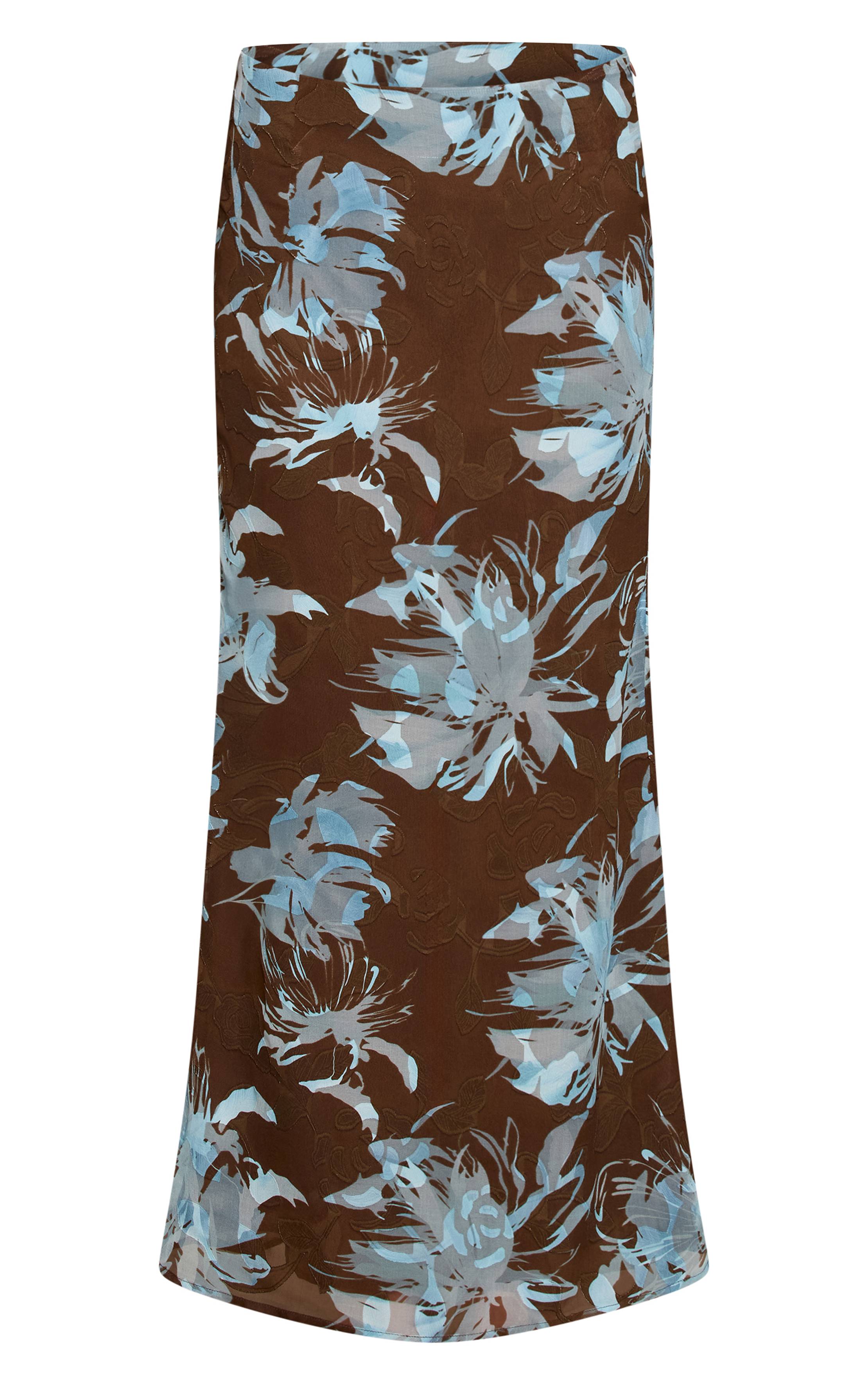 Bleu Jupe Longue Taille Basse À Motif Floral Dévoré Coordonné