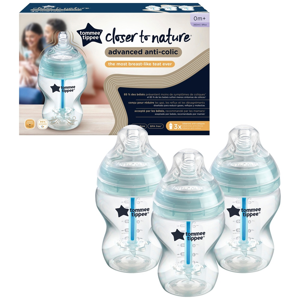 Tommee Tippee Advanced Anti-Kolik Babyflasche 260 ml mit Sauger für langsamen Durchfluss, 3er-Pack