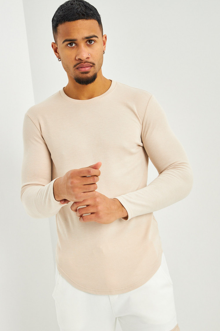 Pull côtelé beige manches longues