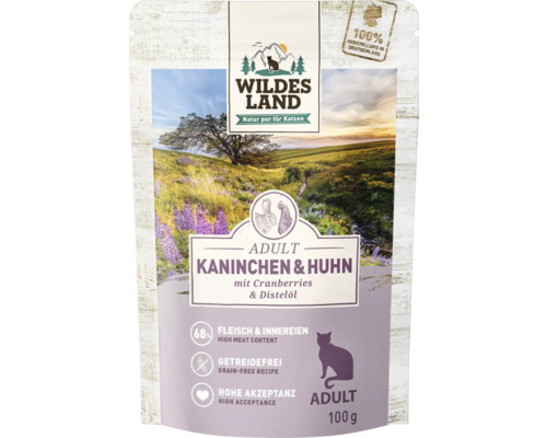 WILDES LAND natvoer voor katten, proefverpakking met 8 zakjes, multipack 8 x 100 g, vis, gevogelte, konijn, rund- en kalfsvlees met waardevolle superfoods, graanvrij, glutenvrij, 800 g