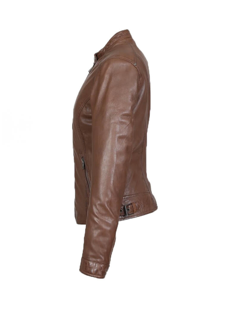 OAKWOOD CUIR FEMME KARINE ZIP DROIT COL MOTARD TABACCO