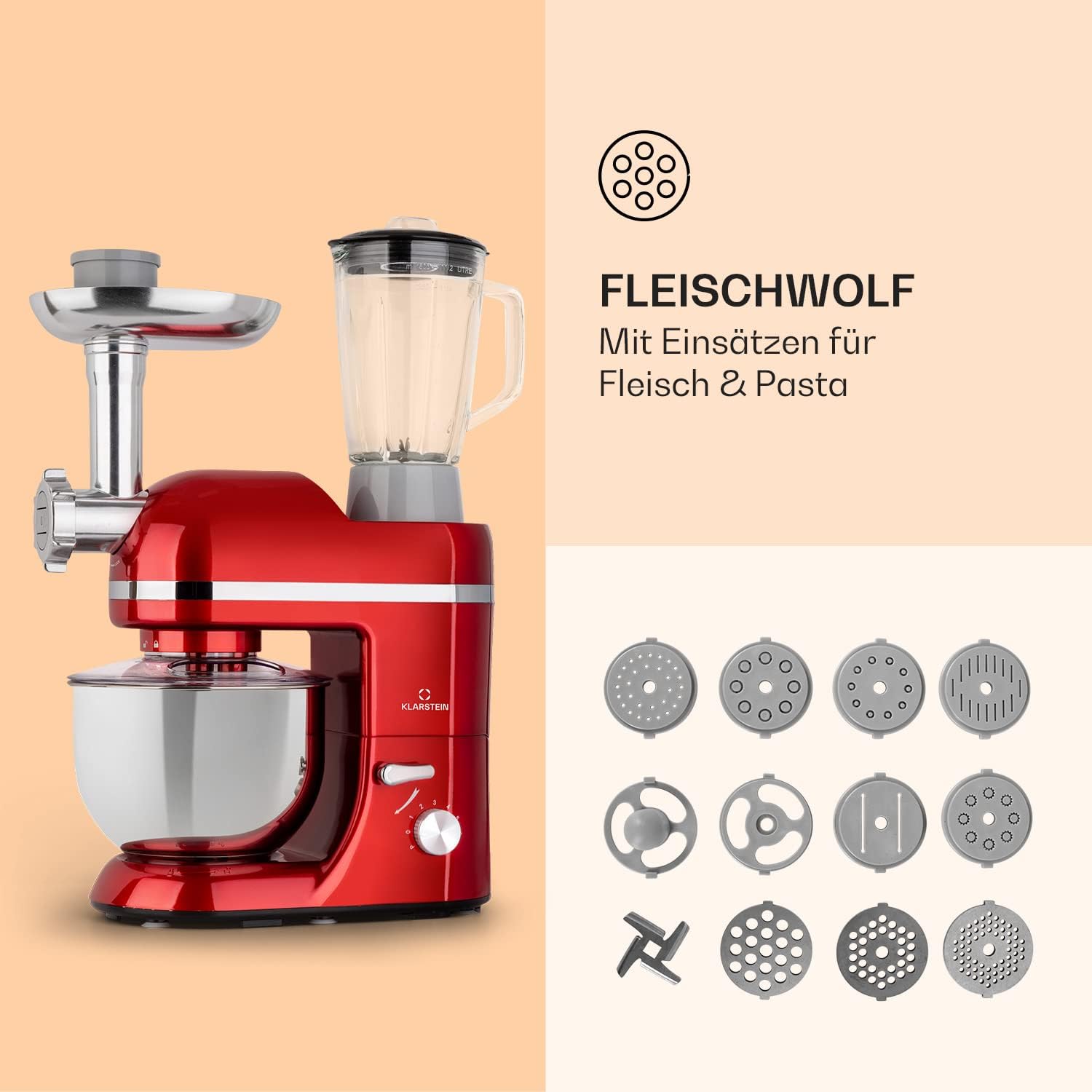 Klarstein Knetmaschine Küchenmaschine mit Fleischwolf, 1800W Teigmaschine Klein, 6 Stufen, Schneebesen Rühr- & Knethaken, Planetenrührwerk, Rührmaschine mit Mixer, Küchenmaschinen mit 5L Schüssel