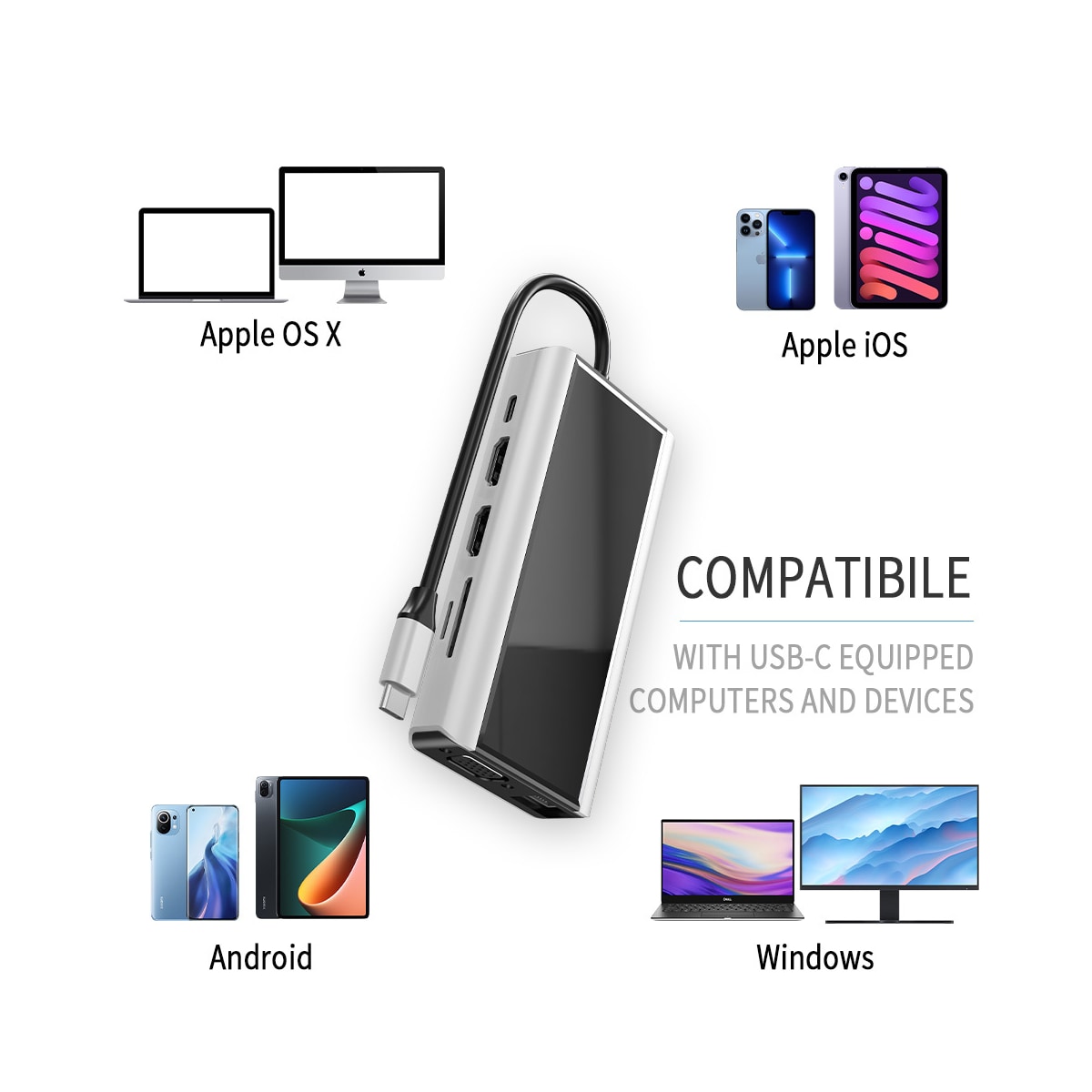 11 i 1 USB C Hub med USB 3.0, HDMI, RJ45, SD/TF-kortleser, 100W PD-lading
