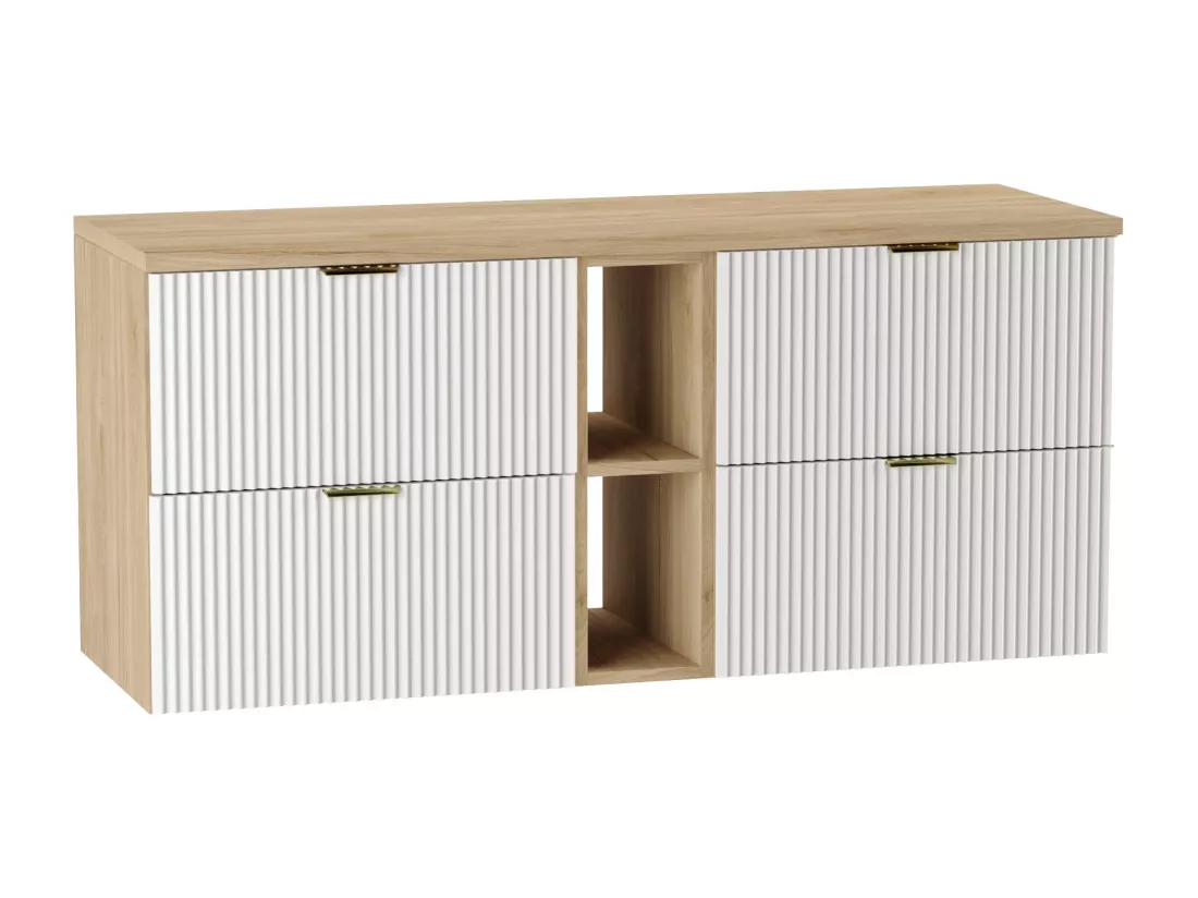 Meuble lavabo WENA, avec étagère, façades cannelées, Willy, 140x60x47 cm, Blanc/Noyer