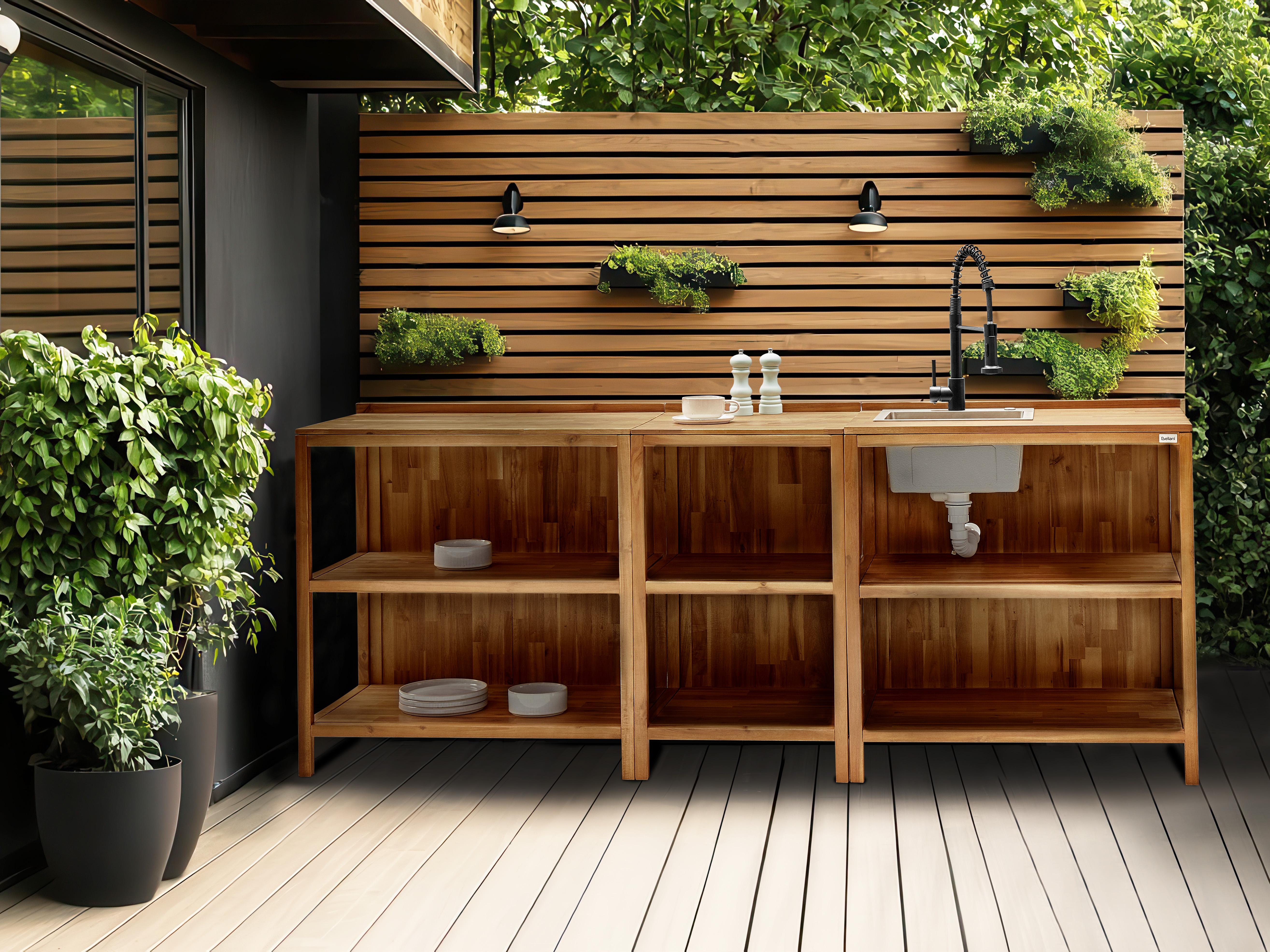 Tuin kookeiland met spoelbak VENOSA Acaciahout Bruin/zwart Bruin