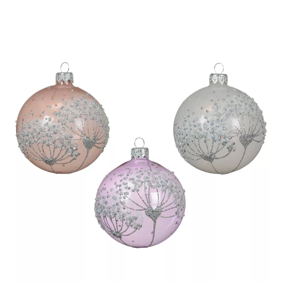 Lot de 6 boules de Noël en verre (D80 mm) Berce du Caucase Perle et Lilas