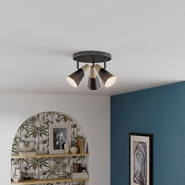 Plafonnier spot 3 lumières E14 5W GoodHome Arraqis noir mat H.21 x Ø25 cm