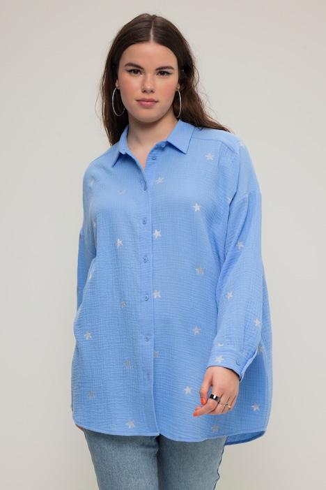 Hemdbluse, oversized, Musselin, Hemdkragen, Langarm, Stickerei