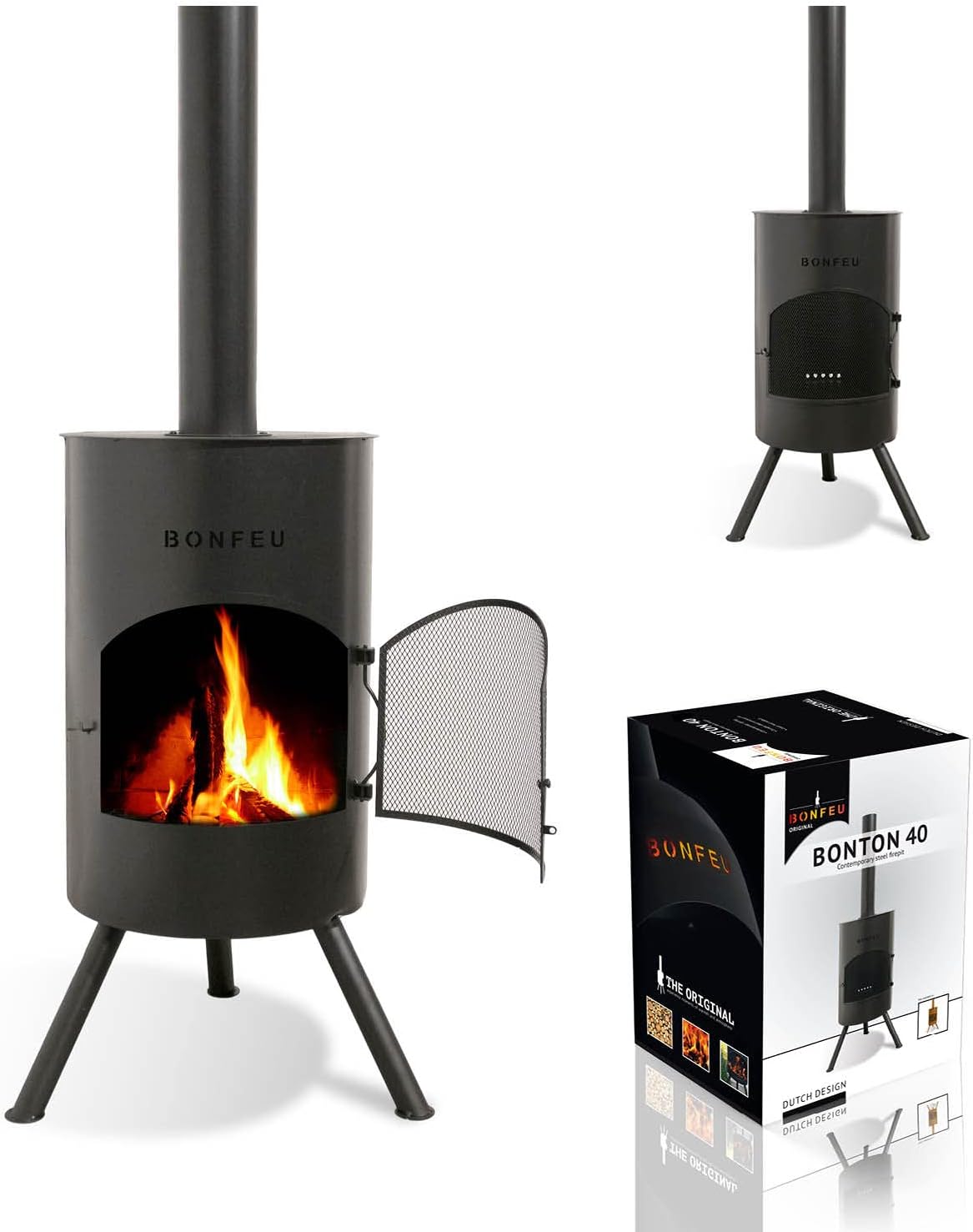 BonFeu BonTon 40 Schwarz - Terrassenofen - Feuerstelle mit Funkenschutz für entspannte Abende - Feuersäule Outdoor - Terrassenkamin mit Grillrost - Gartenofen aus Cortenstahl - 40x40x145cm