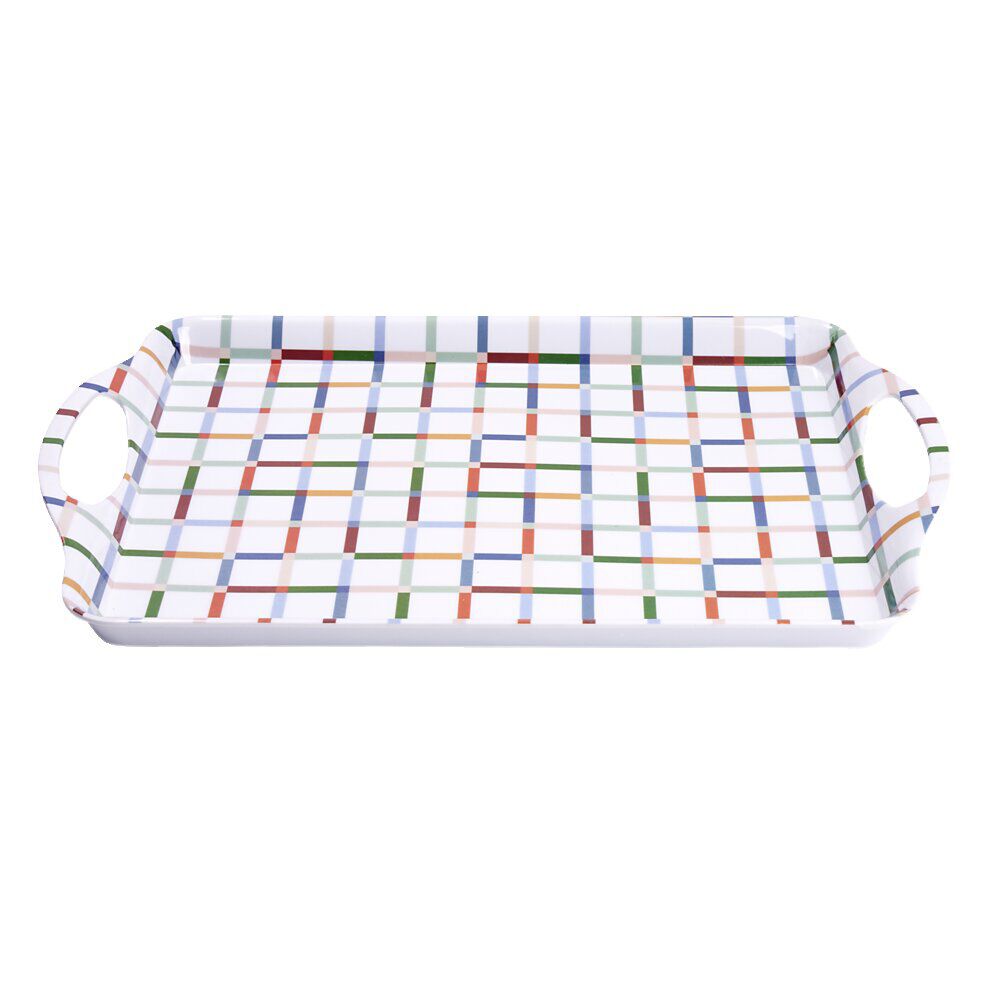 Plateau rectangulaire blanc motifs carreaux multicolores 34x50,5cm