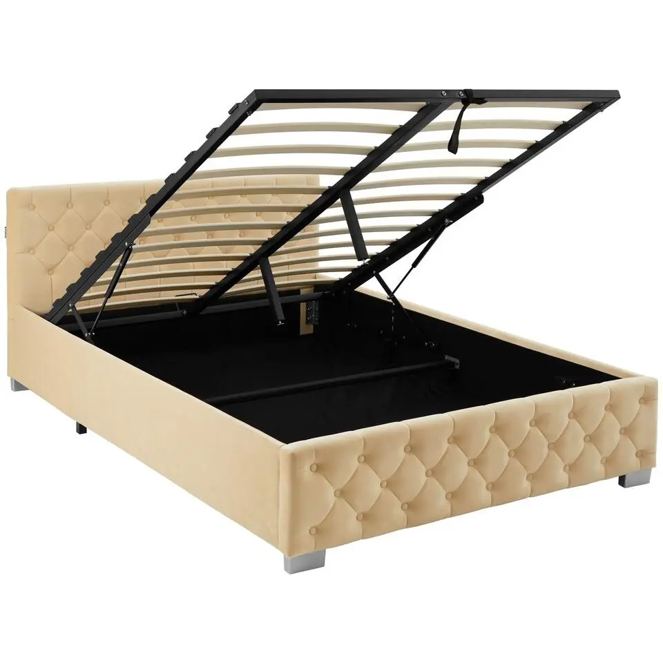tectake Gestoffeerd bed met LED & opbergruimte, 140 x 200 cm, Beige