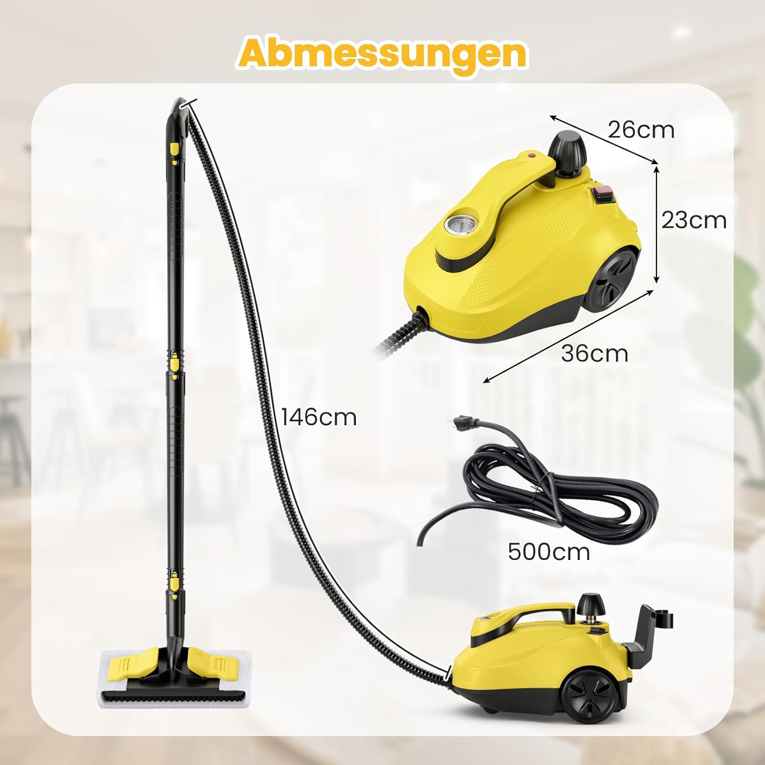 COSTWAY Dampfreiniger 2000W, Dampfdruck: 5 bar, Tank: 1,8L, Temperatur: bis zu 160℃, Bodenreiniger mit 29 Zubehörteilen & Rollen, Dampfgeräte inkl. 5m Netzkabel (Gelb)