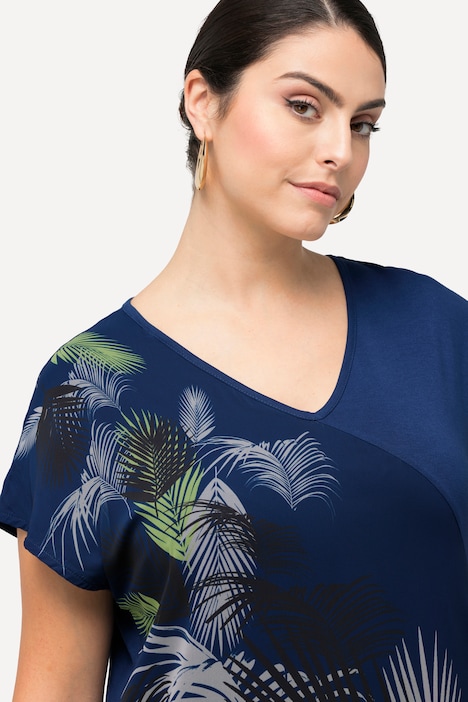 Jerseykleid, Palmenblätter, V-Ausschnitt, Halbarm