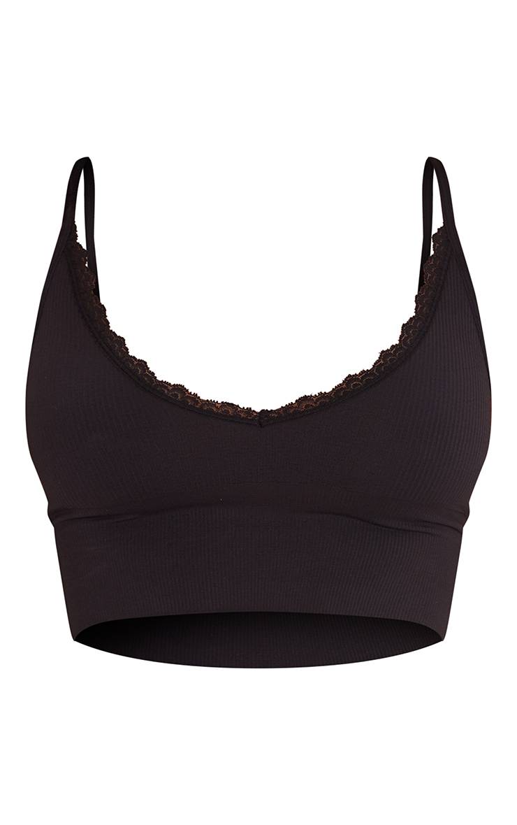 Noir Soutien-gorge Long Côtelé Sans Couture Avec Finition Dentelle