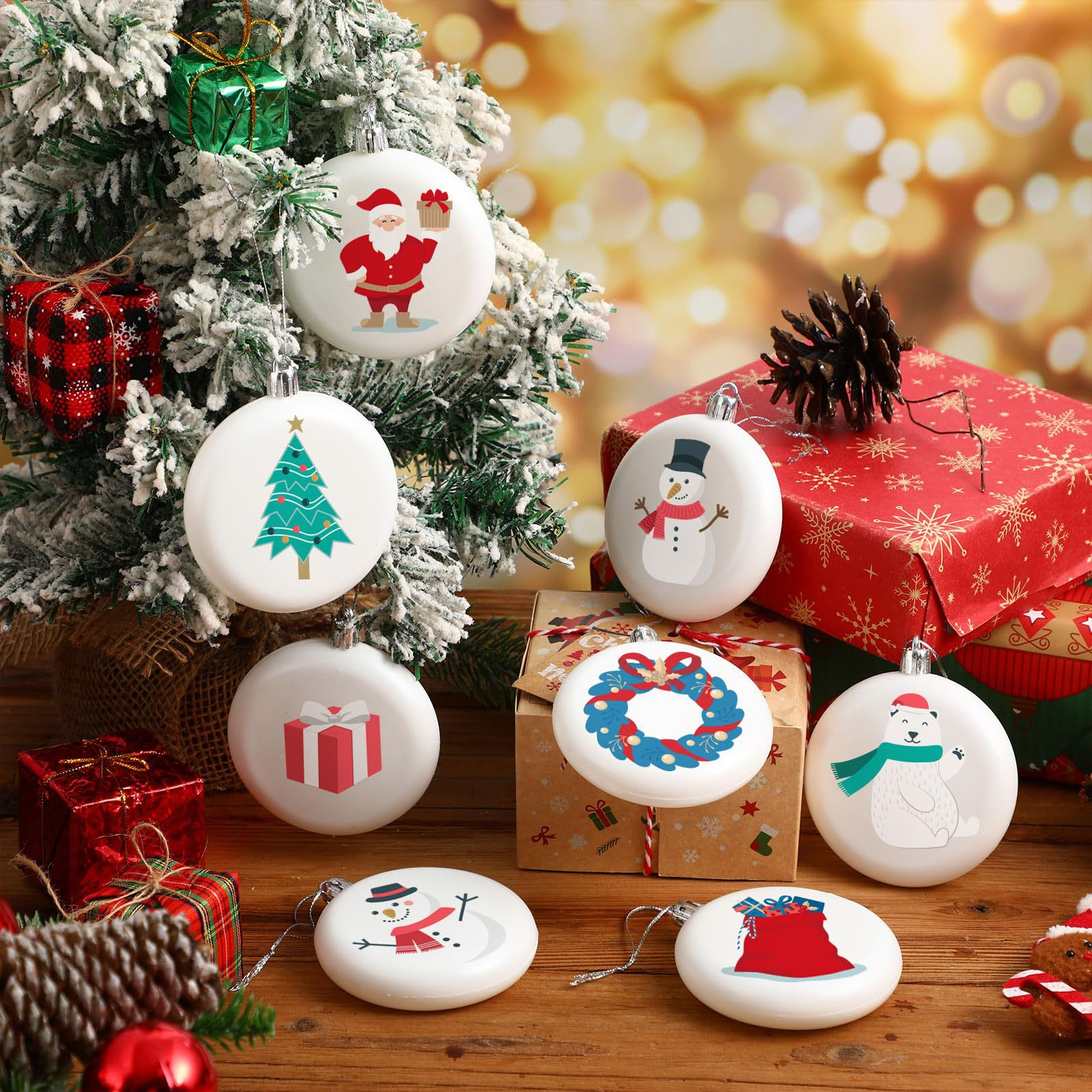 (5er Set) Ø8cm Flache DIY Christbaum Kugeln Weihnachts Ornamente Deko zum Bemalen / Basteln - Weiss
