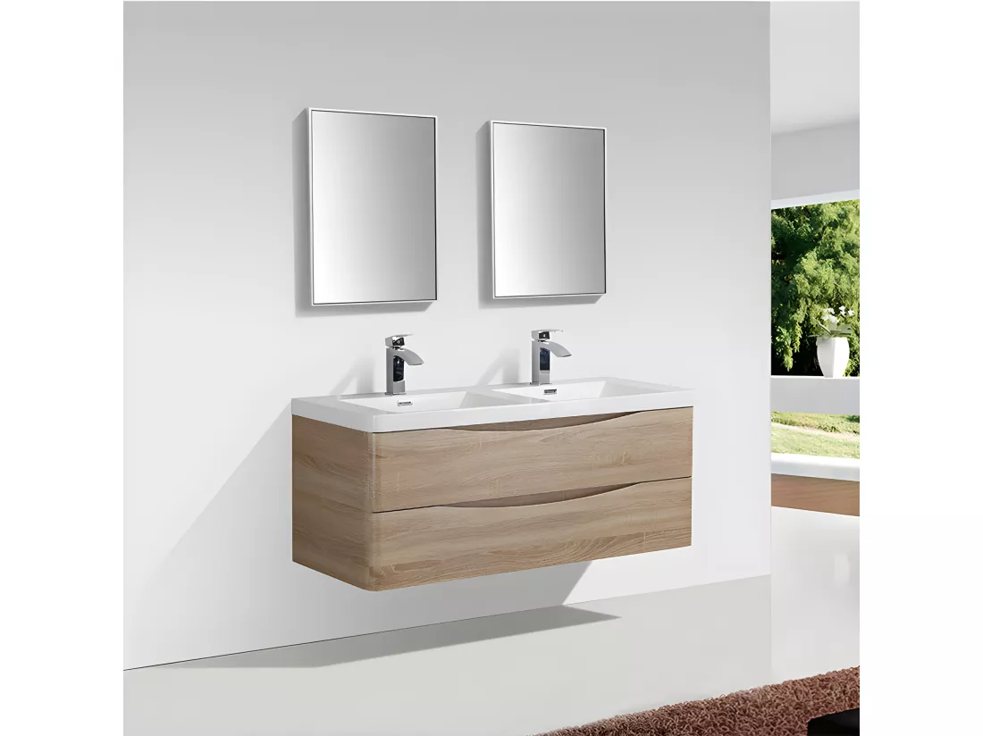 Meuble salle de bain design double vasque PIACENZA largeur 120 cm chêne clair