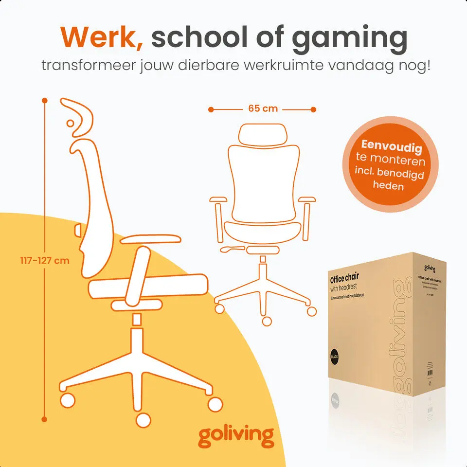 Goliving Ergonomische Bureaustoel - Kantoorstoel - Volwassenen - Zwart
