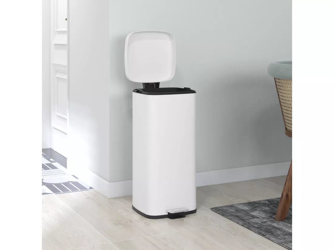 Poubelle de cuisine 30L - poubelle à pédale compartiment seau amovible - acier inox. blanc