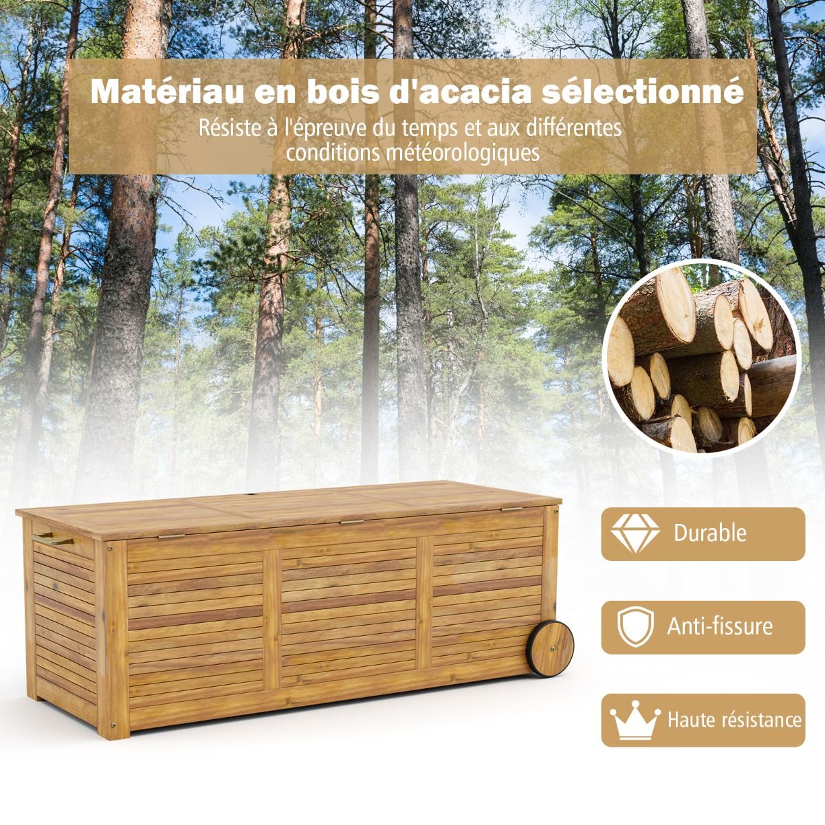 Coffre de Rangement 182L en Bois d’Acacia Charnière en Métal Banc de Rangement à Roulettes Extérieur pour Jardin Patio - Lidl-Manfred