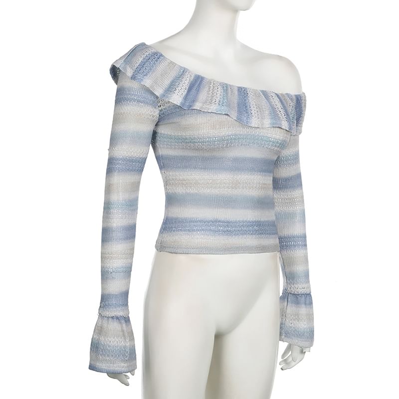 PolkaBella - Lange mouwen off-shoulder kleurblok geplooide geperforeerde slim fit crop top