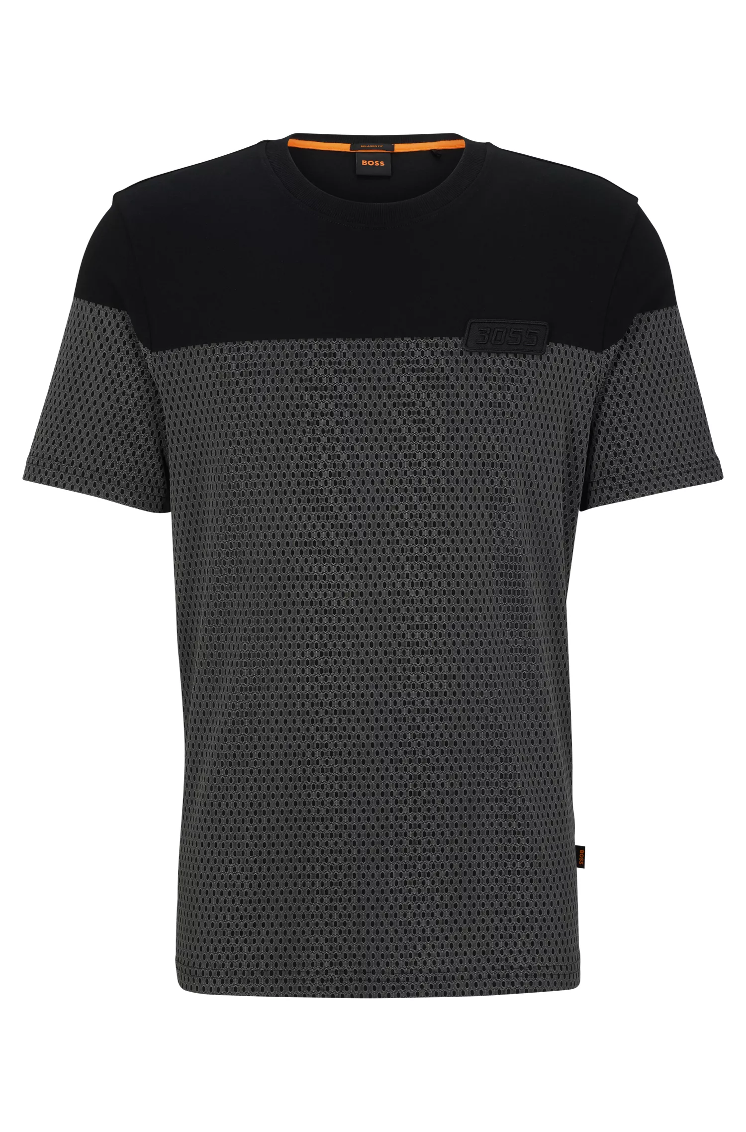 Camiseta BOSS laranja, modelagem relaxada, em algodão, com estampa em relevo com efeito de tela.