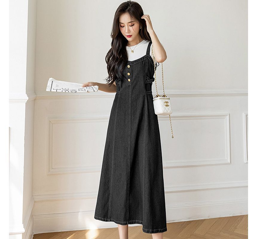 Hanji - Spaghettiband denim overall midi A-lijn jurk
