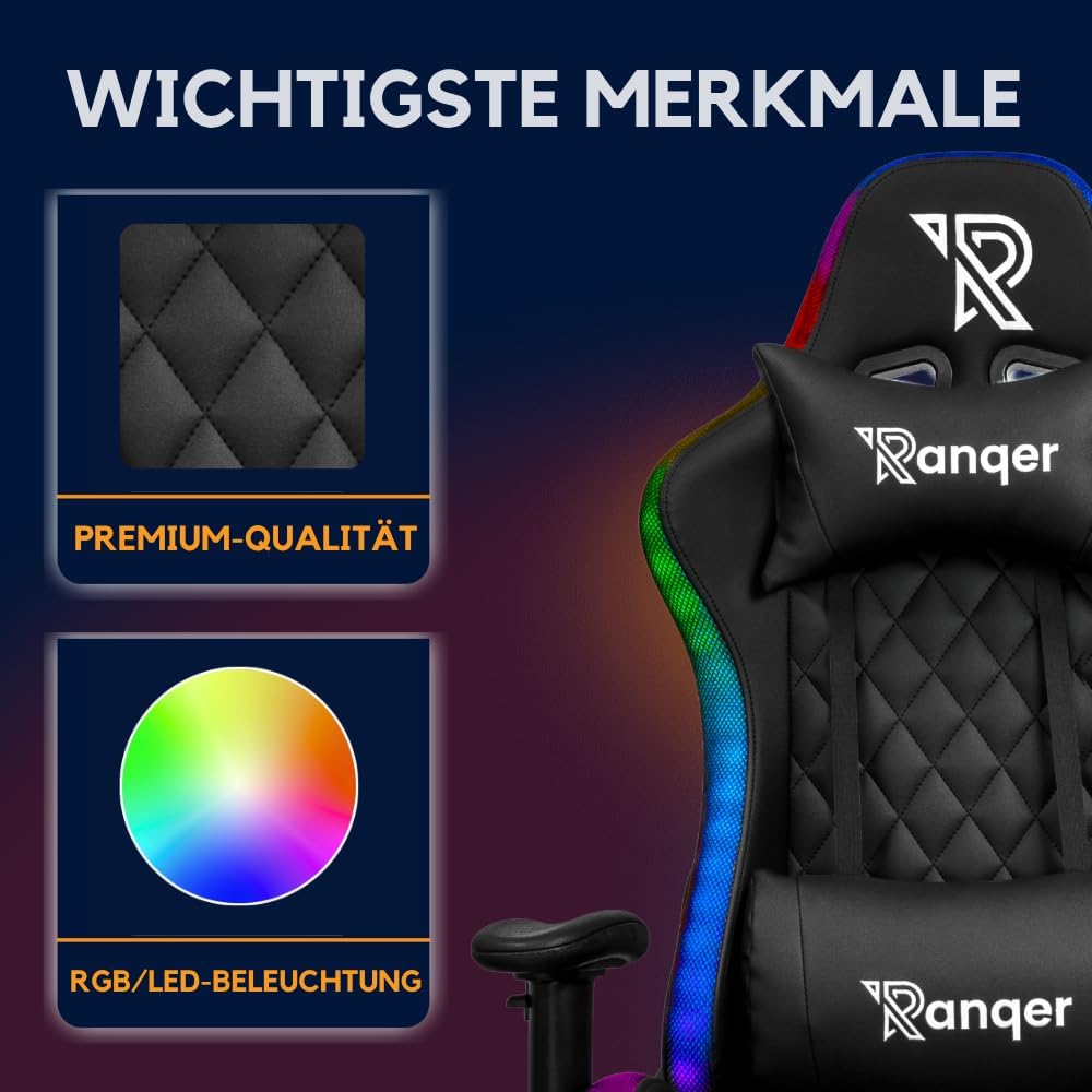 Halo Gaming Stuhl RGB LED Bürostuhl, Ergonomischer Schreibtischstuhl mit 350 Farben & Effekten, Höhenverstellbare 2D Armlehnen, 90-180° Rückenlehne, Drehstuhl für Gamer, Schwarz