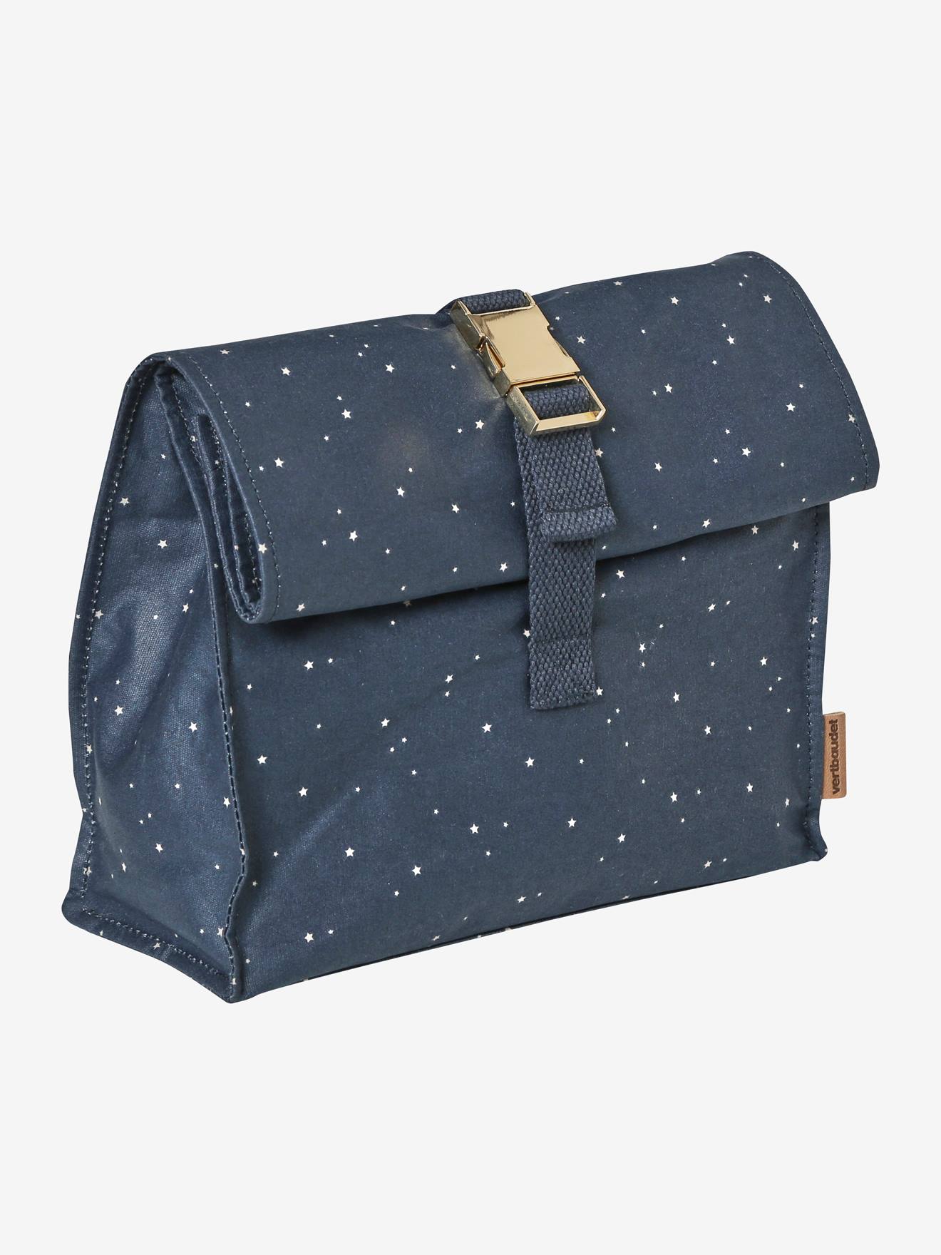 Lancheira de algodão com forro estampado azul escuro.