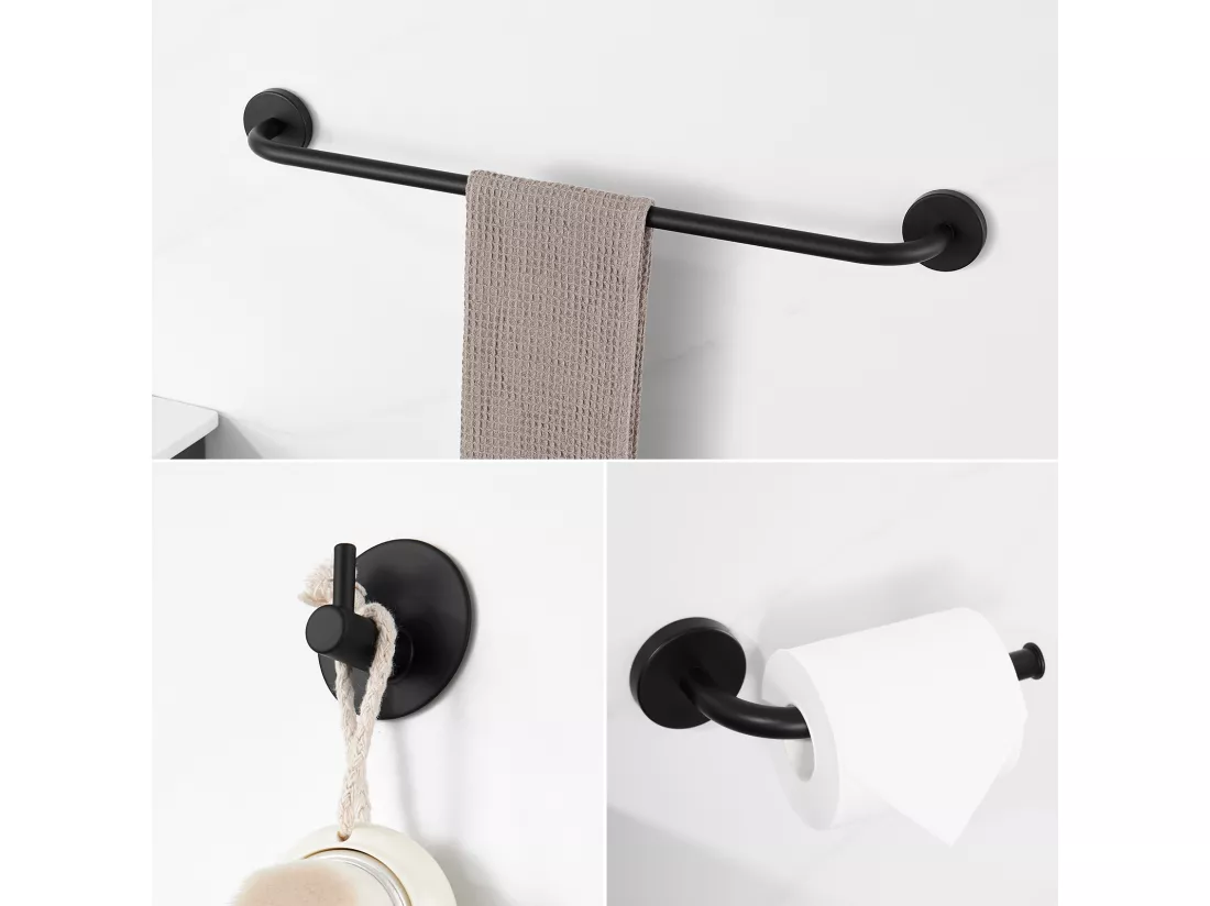 Mitigeur Lavabo Doré Rotatif à 360°,Eau Chaude/Froide,Barboteur Démotable+Ensemble Salle Bain Accessoire 6 Pièces,Auto-adhésif/percer,Inox,Noir