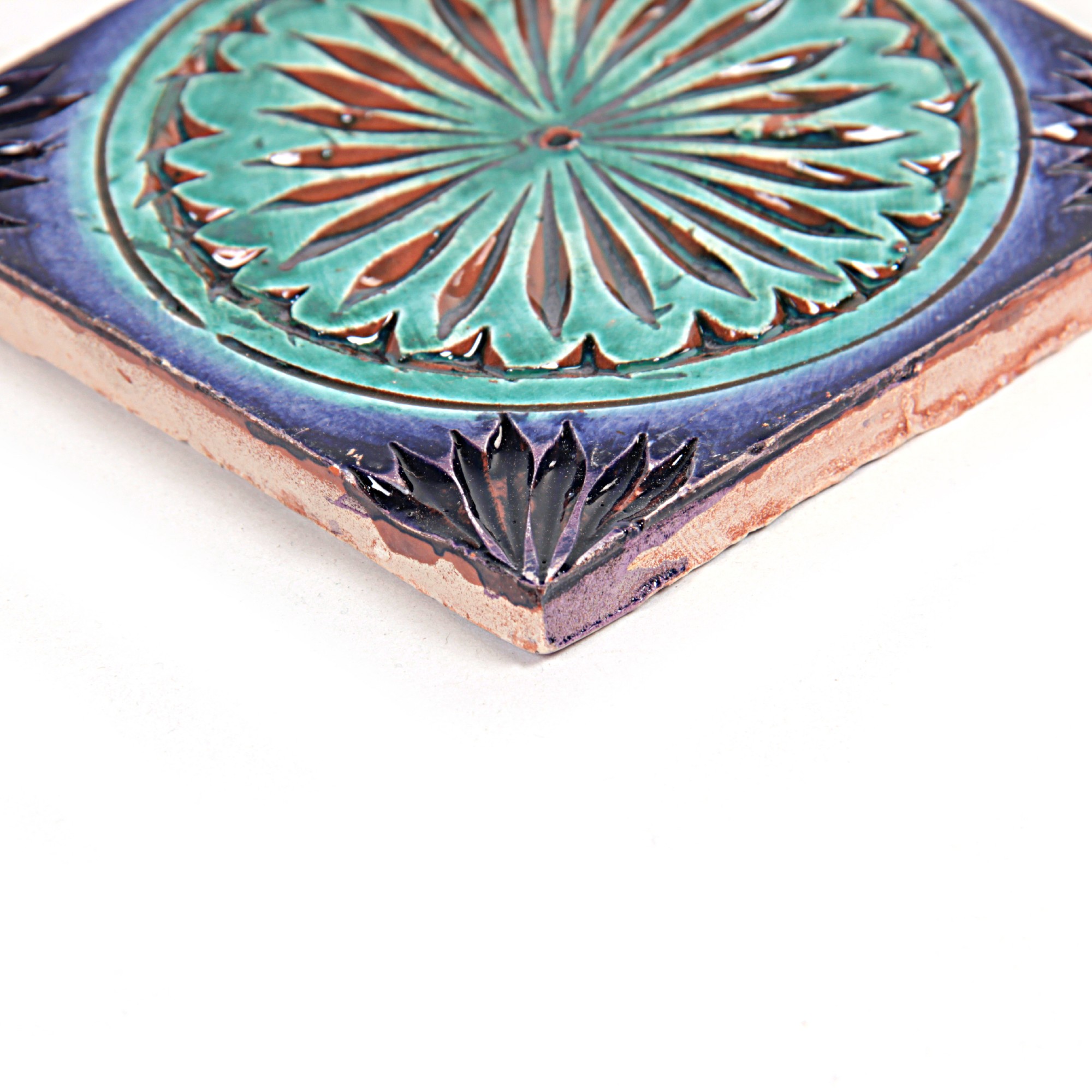 Handglasierte Kachel 'Soleil', blau, grün, L 10 cm, B 10 cm, H 1 cm von fischer's lagerhaus