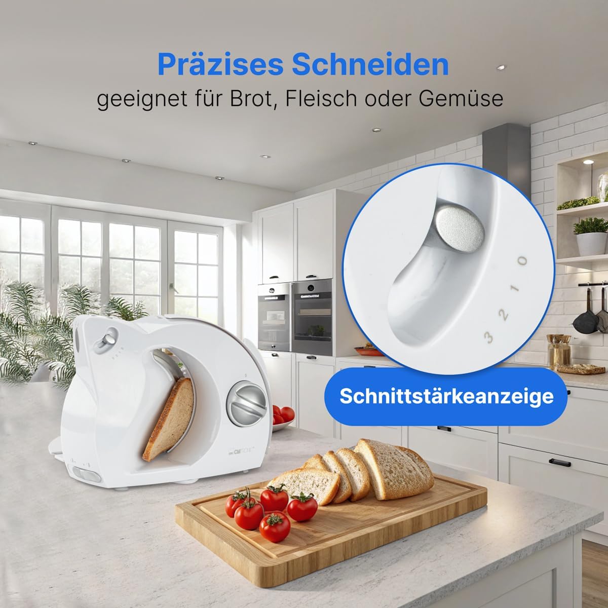 Clatronic® Allesschneider | 3 Stufen | Brotschneidemaschine mit Edelstahl Spezialmesser | stufenlos einstellbare Schnittstärke | 180 Watt | Fingerschutz | für Obst, Brot, Käse uvm. | AS 2958 weiß