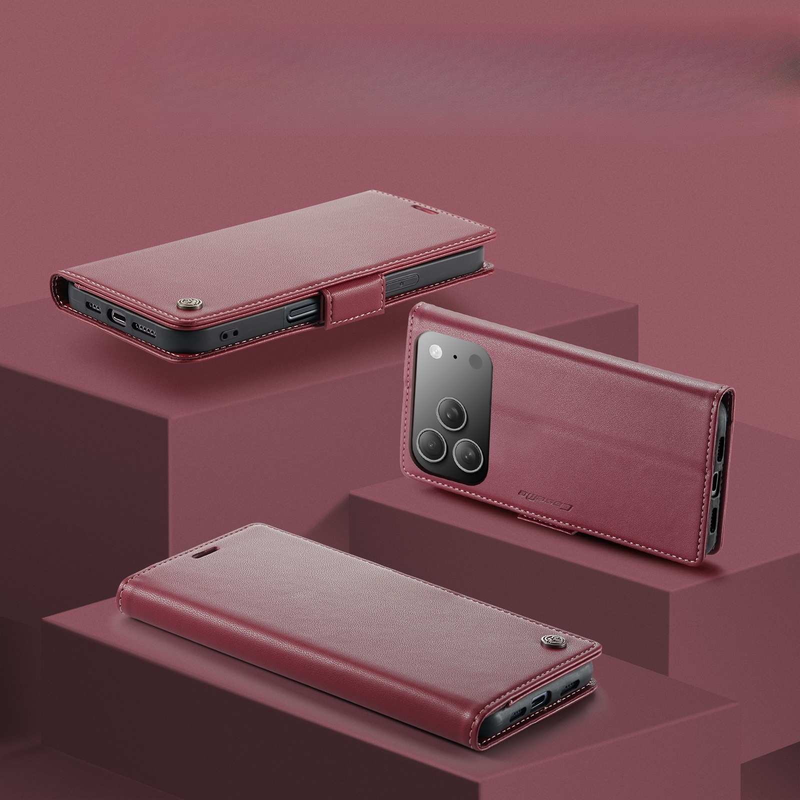 iPhone 17 Pro Leder Tasche Flip Wallet Etui mit Kartenfächern Litchi Look (RFID Schutz) - Rot