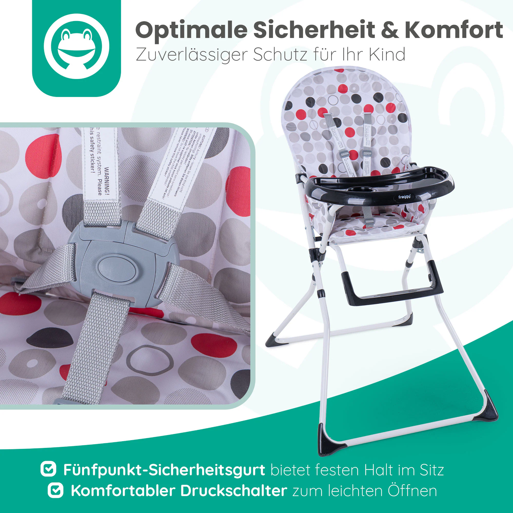 FROGGY Kinderhochstuhl klappbar Mika - kompakter Babystuhl, mit 5-Punkt Sicherheitsgurt, wasserdichte Sitzauflage, Tablett und Becherhalter, ab 6 Monate bis 15 kg | Schwarz