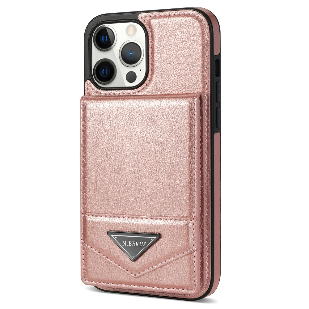 iPhone 14 Pro Hybrid Leder Hardcase Hülle mit Kartenfächer mit Aufsteller (RFID Schutz) - Roségold
