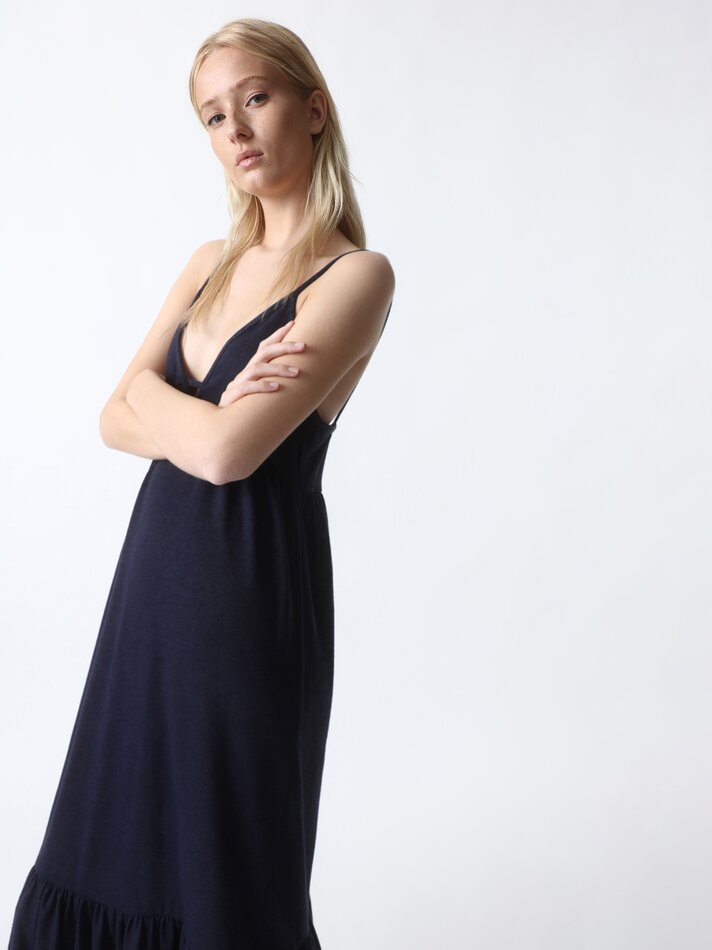 Vestido midi com alças finas e babado - Azul Marinho Escuro