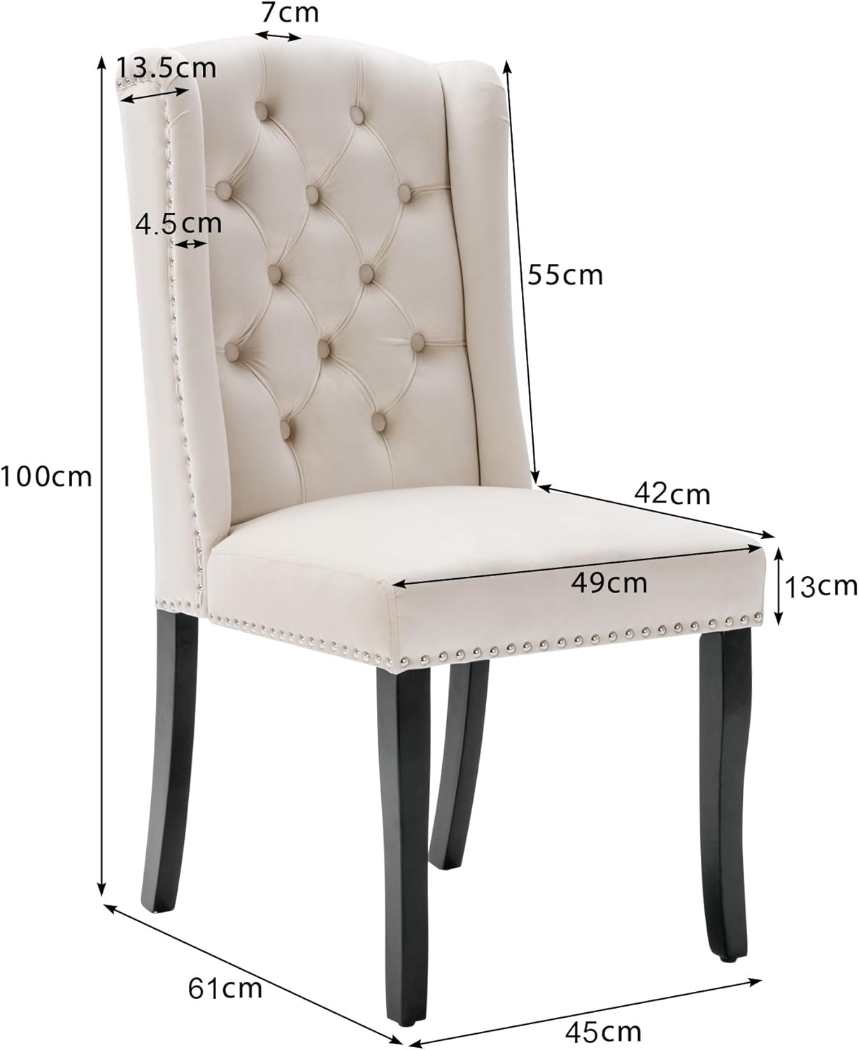 Merax Samt Esszimmerstühle 4er Set mit Eichenbeinen, Chromklopfer, Knopfdesign und Nagelkopfbesatz, hoher Sitzkomfort, Beige + Schwarz