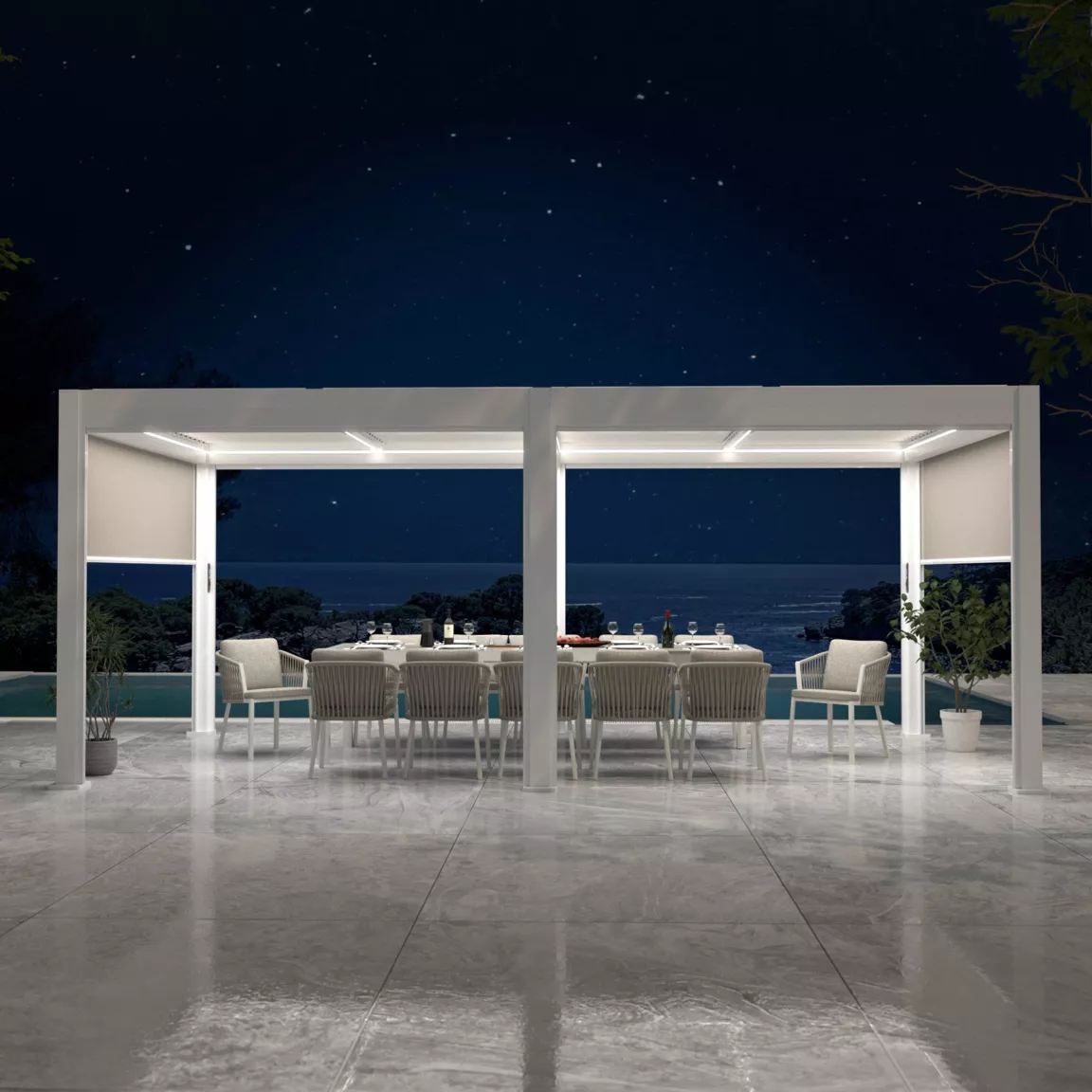 Pergola bioclimatique Autoportée motorisée aluminium et LED (3 x 6 m) Blanc
