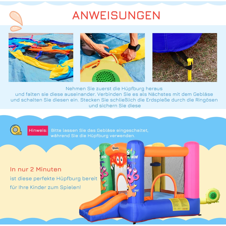 Outsunny Hüpfburg mit Rutsche  und Monster Design bunt