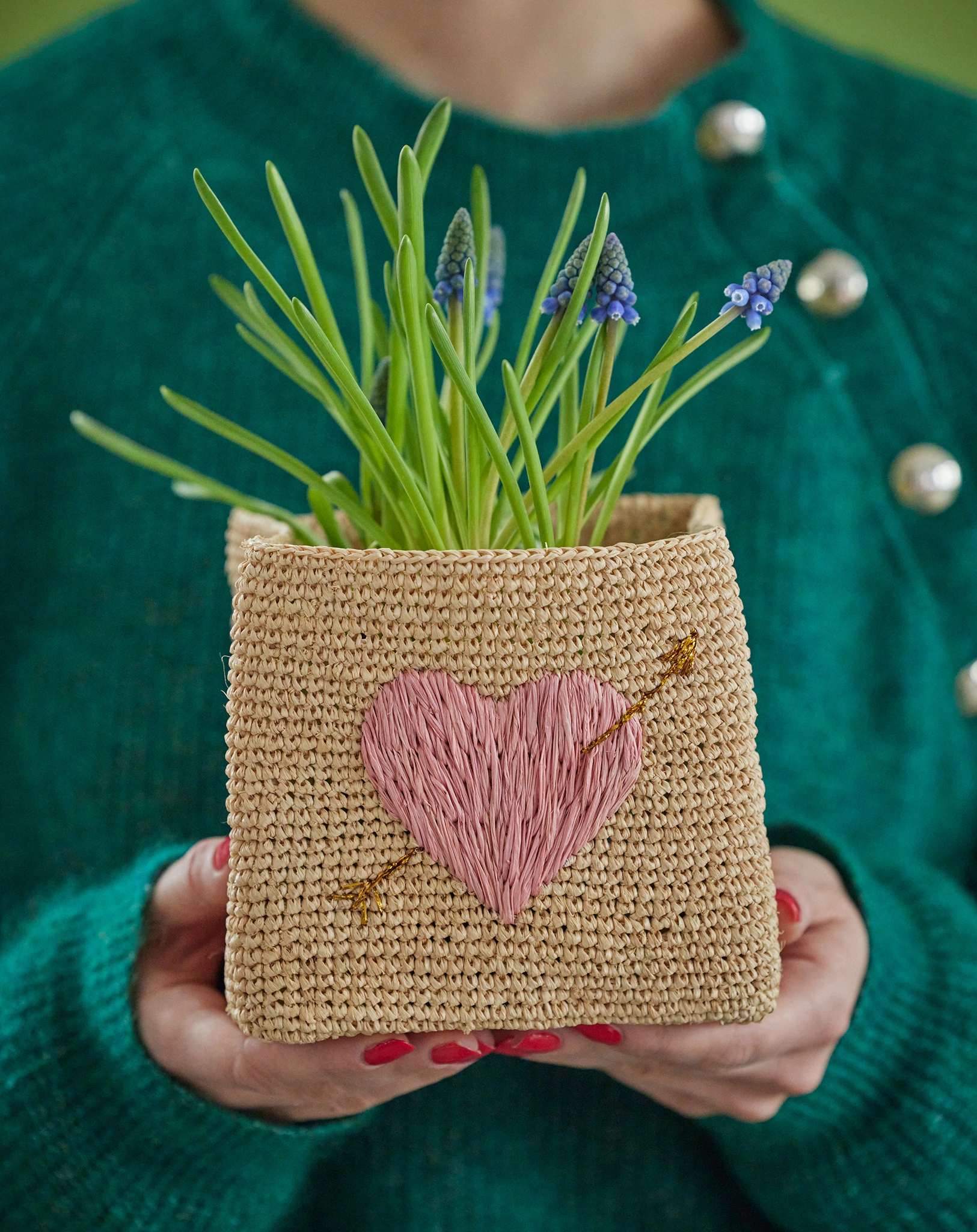 Raffia-Aufbewahrungskorb SQUARE - NATURE PINK HEART 2er-Set