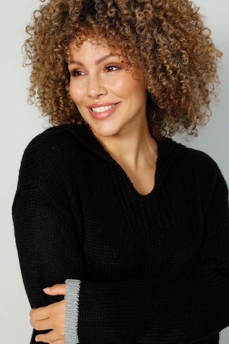 Long-Pullover, Kapuze, farbige Bündchen, Langarm